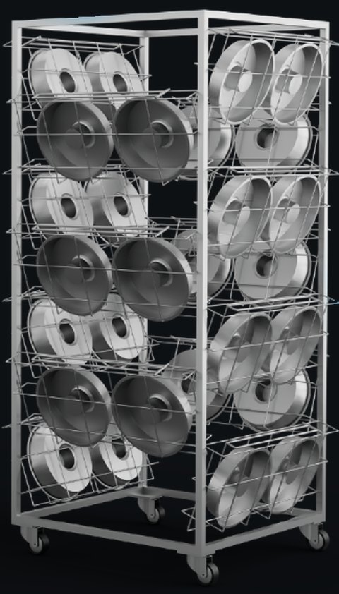 Carrinho MultiWasher carregado com formas de queijo